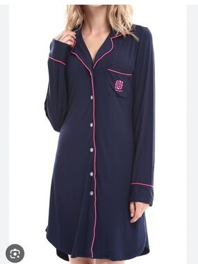 NORA TWIPS Women's Navy Long-Sleeve Nightshirt with Pink Trim Sz XL